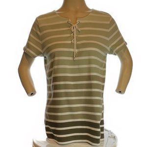 CROFT & BARROW GREEN UMBRA STRIPPED SHIRT WITH LACE UP NECK NWOT SIZE M